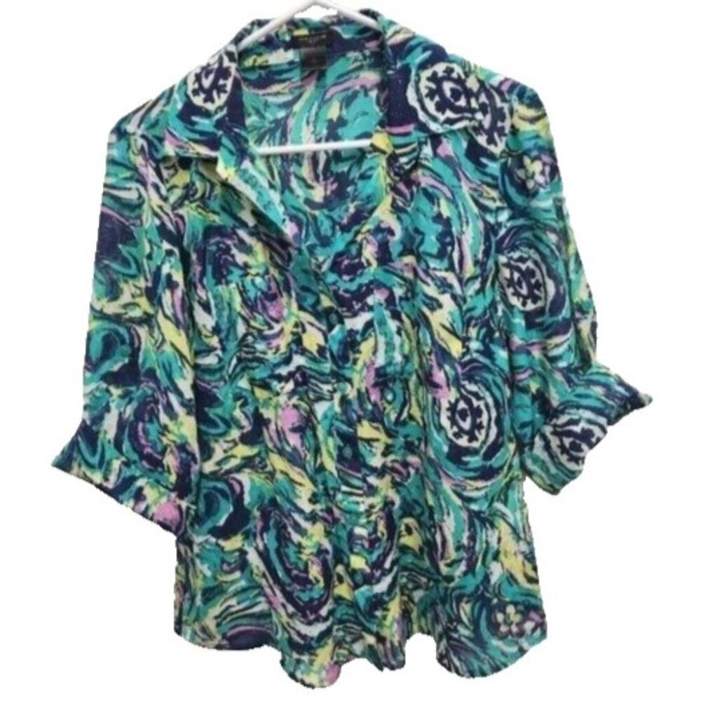Ann Taylor Womens Silk Blend Blouse Top Size 8 Teal Abstract Artsy 3/4 Sleeve